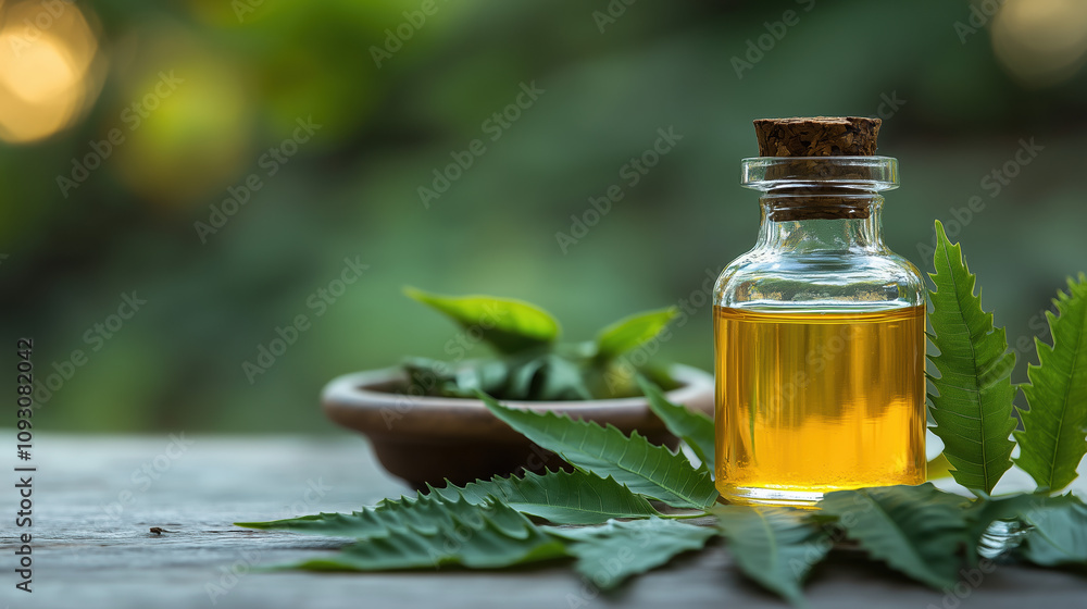 Organic Neem Extract in a Glass Bottle with Neem Leaves Set Against a Beautiful Tropical Garden Background Organic Neem Extract in a Glass Bottle with Neem Leaves Set Against a Beautiful Tropical Garden Background