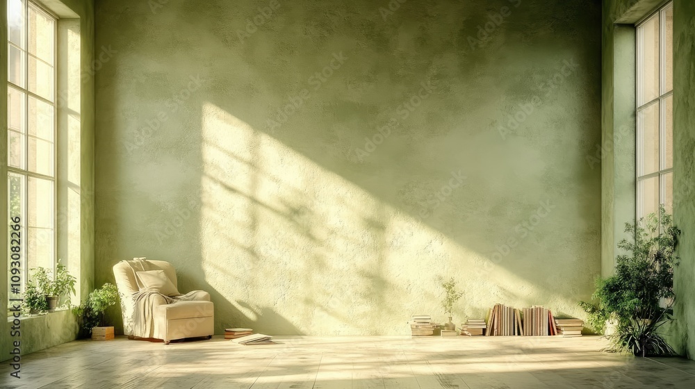 Stylish living room featuring a sage green textured wall, a comfortable armchair, a coffee table with books, and natural light streaming in. Stylish living room featuring a sage green textured wall, a comfortable armchair, a coffee table with books, and natural light streaming in.