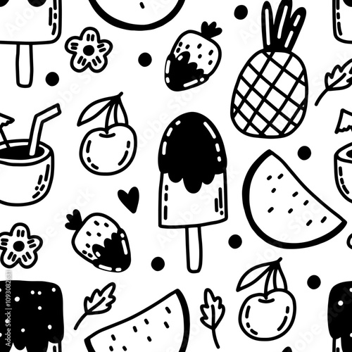 Seamless background Vector summer. Summer beach vacations. Holidays. Ice cream, fruits, cocktails. Pattern for napkins, tablecloths, textiles, children rooms, packaging, clothing