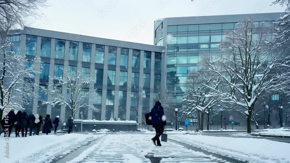 Winter scene in a snowy urban environment with pedestrians walking near a modern building Winter scene in a snowy urban environment with pedestrians walking near a modern building