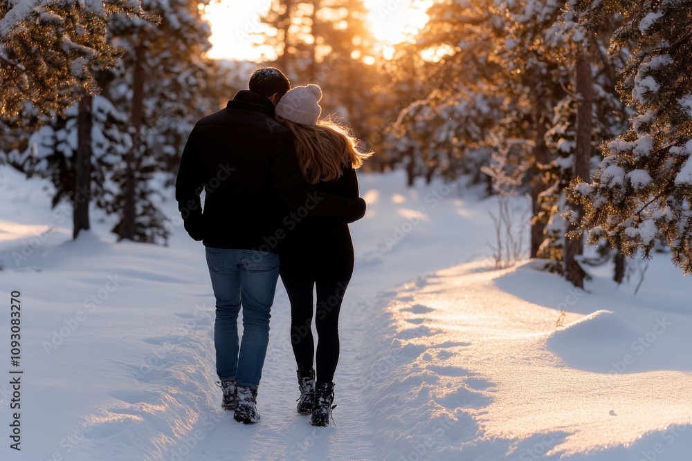 A couple enjoys a romantic stroll through a snowy landscape, illuminated by a warm golden sunset, showcasing the beauty and tranquility of nature in winter. A couple enjoys a romantic stroll through a snowy landscape, illuminated by a warm golden sunset, showcasing the beauty and tranquility of nature in winter.