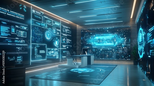 Futuristic AI Powered Marketing Office with Holographic Displays for Data Driven Strategies