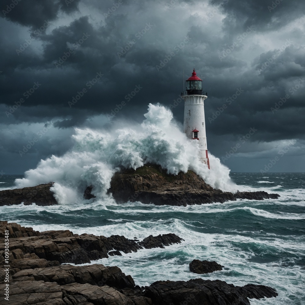 A coastal lighthouse standing tall on a rocky promontory, with waves crashing violently against the base and a storm brewing overhead. A coastal lighthouse standing tall on a rocky promontory, with waves crashing violently against the base and a storm brewing overhead.