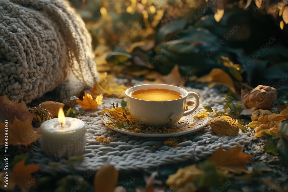 Cozy Autumn Still Life with Tea Cup, Leaves, Knitted Element and Candlelight Cozy Autumn Still Life with Tea Cup, Leaves, Knitted Element and Candlelight