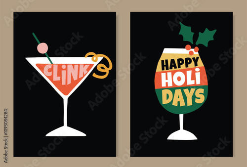 Christmas cocktails. Happy New Year greeting cards, invitations. Alcohol drink glasses, lettering text isolated on black background. Birthday party celebration. Retro hand drawn vector illustrations