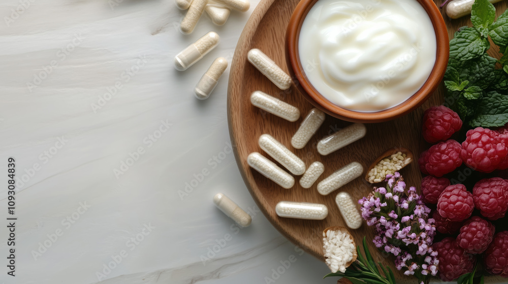 Probiotic Capsules and Yogurt with Fermented Foods on Clean White Background, Featuring Natural Ingredients for a Healthy Gut Probiotic Capsules and Yogurt with Fermented Foods on Clean White Background, Featuring Natural Ingredients for a Healthy Gut