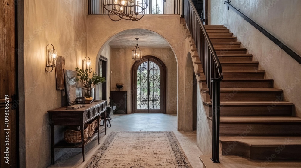 Elegant Entryway Design with Arched Door and Rustic Farmhouse Decor Elegant Entryway Design with Arched Door and Rustic Farmhouse Decor