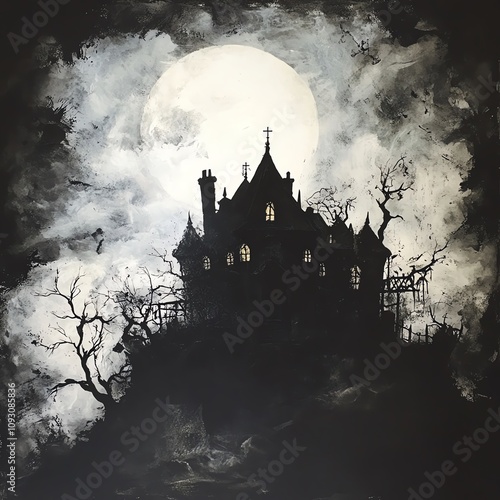 Capture the sinister silhouette of a haunted house, surrounded by swirling mists and ominous shadows, under a full moon in a spooky Halloween night photo