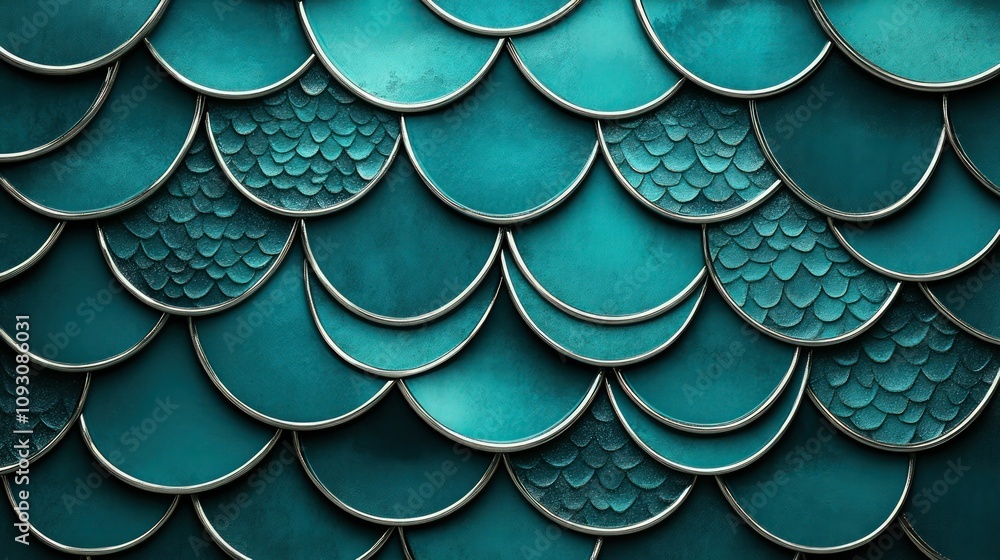 Obraz premium Close-up view of overlapping iridescent teal scales showing subtle texture variations perfect for a vibrant background or banner design element.