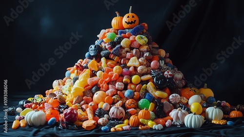 Craft a realistic, mouth-watering pile of assorted Halloween candies arranged in a captivating display, inviting viewers to indulge in the sweet magic of the season