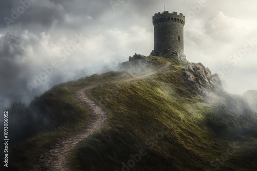 Stone Tower Atop Misty Mountain Path Winding photo