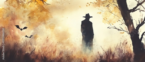 Craft a ghostly figure at eye level during Halloween, using watercolor techniques to create a soft, eerie ambiance in a traditional art style