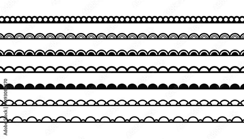 Black border lines vector silhouettes with seamless pattern of waves. scallop edge lace borders. floral crochet lace. simple scalloped border. frames and dividers Black border lines vector silhouettes with seamless pattern of waves. scallop edge lace borders. floral crochet lace. simple scalloped border. frames and dividers