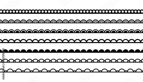 Black border lines vector silhouettes with seamless pattern of waves. scallop edge lace borders. floral crochet lace. simple scalloped border. frames and dividers