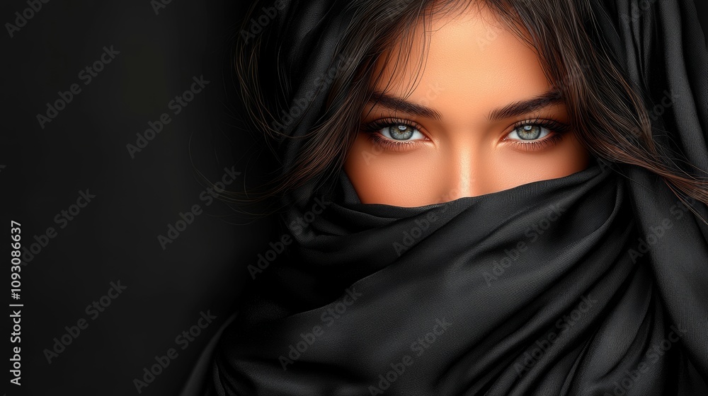 A captivating woman gazes through a flowing black scarf, showcasing her enchanting emerald eyes A captivating woman gazes through a flowing black scarf, showcasing her enchanting emerald eyes