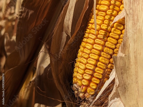 Corn grain in cobs. Autumn. The beginning of threshing of yellow grain, harvesting of corn photo