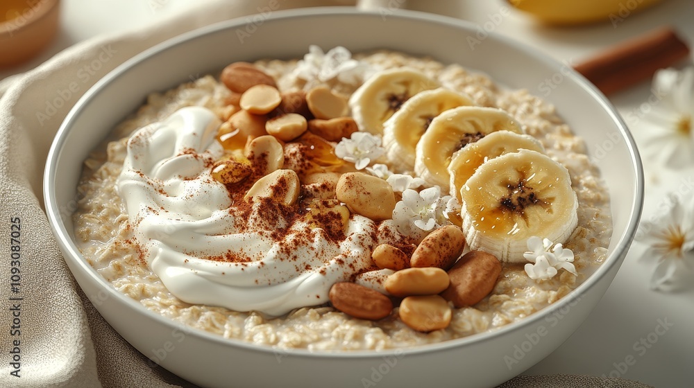 A warm bowl of oatmeal topped with sliced bananas, nuts, honey drizzle, and delicate flowers A warm bowl of oatmeal topped with sliced bananas, nuts, honey drizzle, and delicate flowers