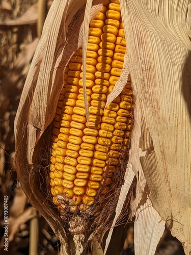 Corn grain in cobs. Autumn. The beginning of threshing of yellow grain, harvesting of corn photo