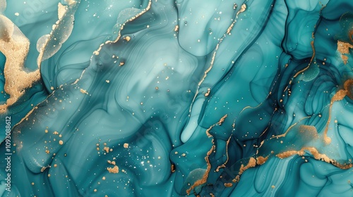Abstract marble alcohol ink gold and blue green background banner. Creative backdrop for wedding invitation, business background.