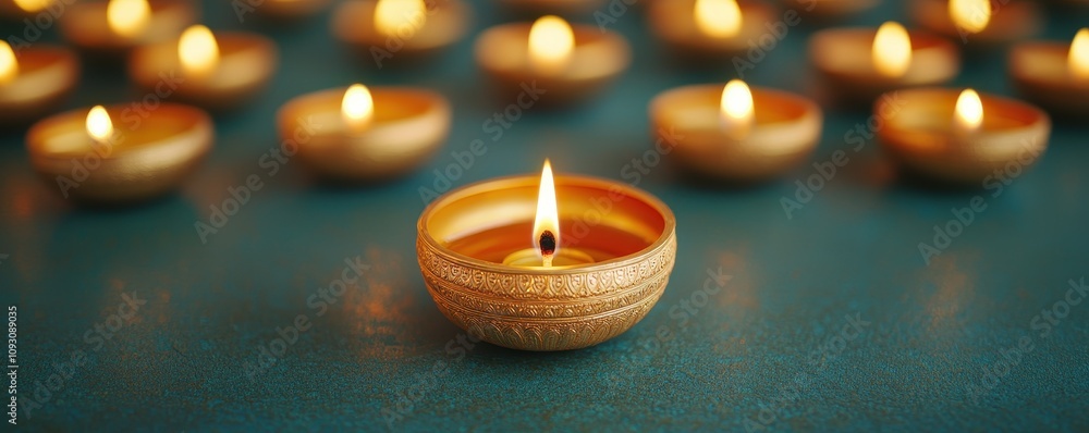 Golden oil lamps with intricate designs glowing with flames, symbolizing warmth, light, and celebration on a vibrant blue surface. Golden oil lamps with intricate designs glowing with flames, symbolizing warmth, light, and celebration on a vibrant blue surface.