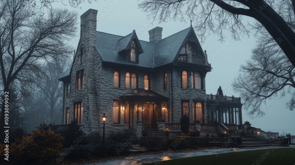 Mysterious Stone Mansion Bathed in Soft Glow Under a Foggy Evening Sky Near a Serene Lakeside, Evoking a Sense of Intrigue and Nostalgia in the Heart of Autumn Mysterious Stone Mansion Bathed in Soft Glow Under a Foggy Evening Sky Near a Serene Lakeside, Evoking a Sense of Intrigue and Nostalgia in the Heart of Autumn