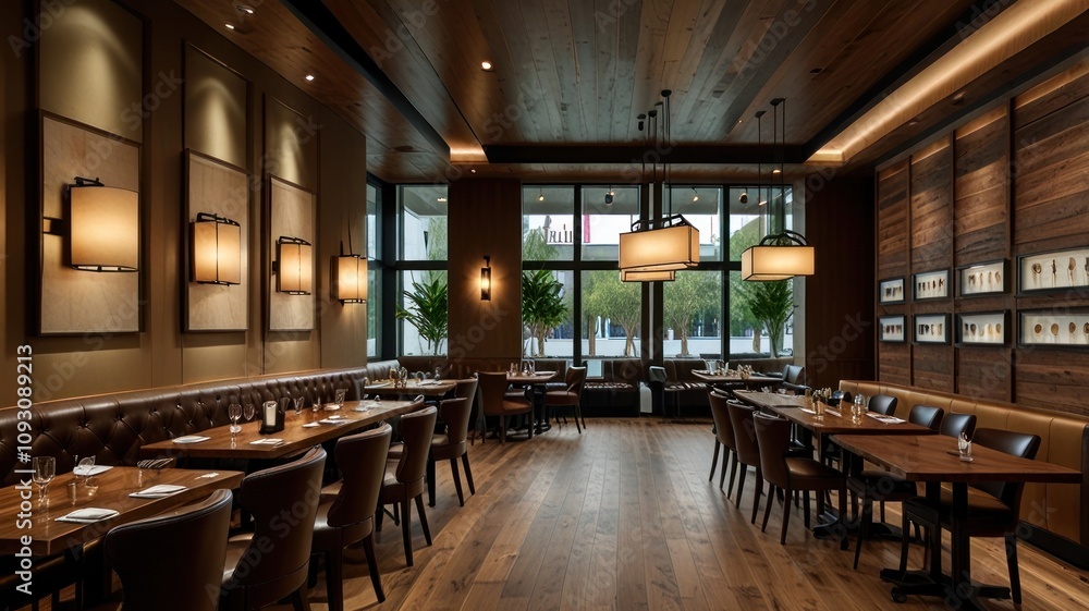 Upscale restaurant interior with wood floors, leather booths, and large windows. Upscale restaurant interior with wood floors, leather booths, and large windows.