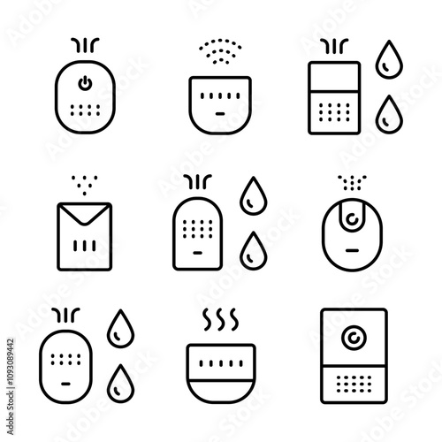 Air purifier and humidifier machine icon sets. Home device for air purification filtering. Electronic devices. Home climate. Moisture content. Simple line Air Humidifier icon