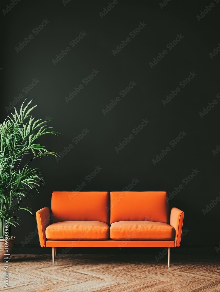 Minimalist Living Room with Orange Sofa - Modern, stylish living room featuring an orange sofa against a dark wall, complemented by a green plant. Clean lines, simple elegance, and vibrant color. Minimalist Living Room with Orange Sofa - Modern, stylish living room featuring an orange sofa against a dark wall, complemented by a green plant. Clean lines, simple elegance, and vibrant color.