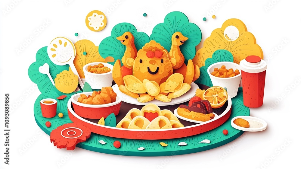 Vibrant paper cut depicting a family sized fried chicken meal with an array of delectable side dishes and condiments The layered and dimensional design adds warmth and texture to this comforting Vibrant paper cut depicting a family sized fried chicken meal with an array of delectable side dishes and condiments The layered and dimensional design adds warmth and texture to this comforting