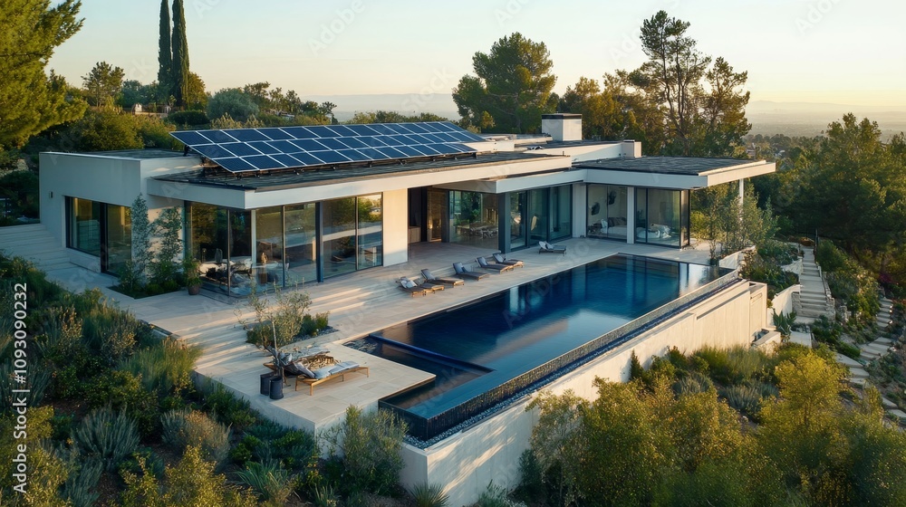 Modern Luxury Hilltop Home with Infinity Pool - Stunning modern home, infinity pool, hilltop view, solar panels, luxury design. Represents opulence, sustainability, tranquility, and exclusivity. Modern Luxury Hilltop Home with Infinity Pool - Stunning modern home, infinity pool, hilltop view, solar panels, luxury design. Represents opulence, sustainability, tranquility, and exclusivity.