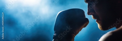 A silhouette of a boxer with a clenched fist, capturing the determination and strength of athletes preparing for a challenging bout in a dramatic lighting environment. photo