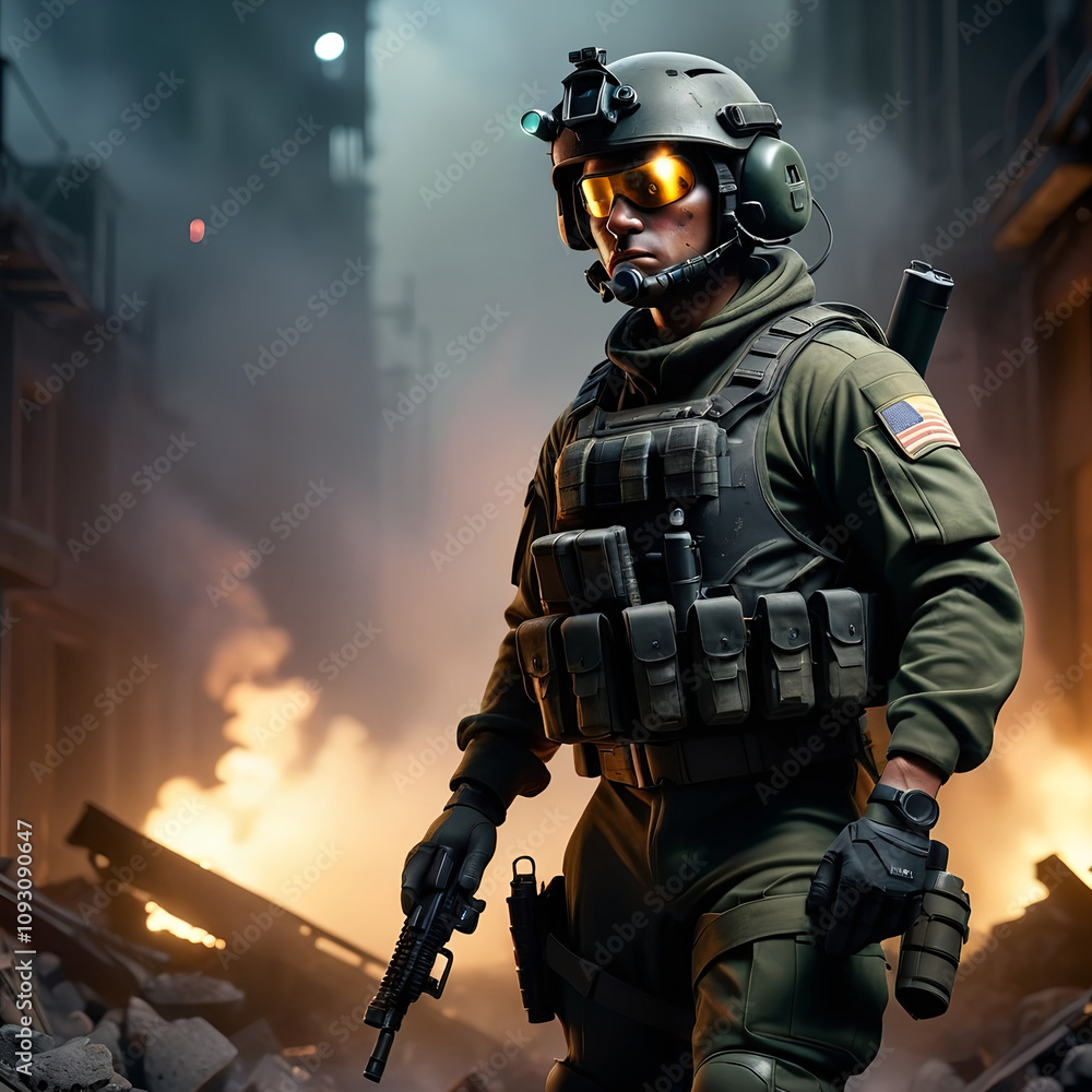 Modern military soldier, futuristic armed forces, warzone scene
Modern military soldier, futuristic armed forces, warzone scene