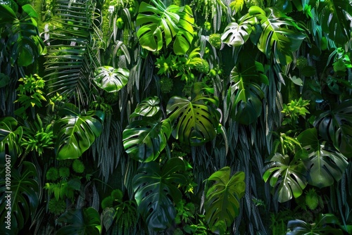 Lush green tropical foliage wall, vibrant leaves and plants creating a dense, junglelike scene. photo