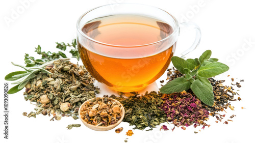 A clear glass cup of tea surrounded by various dried herbs and leaves. Transparant Background, png