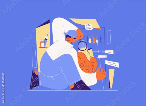 Modern flat illustration of a Cardiologist analyzing a Heart with medical tools and lab equipment in the background. Ideal for Healthcare, medical research, or educational content