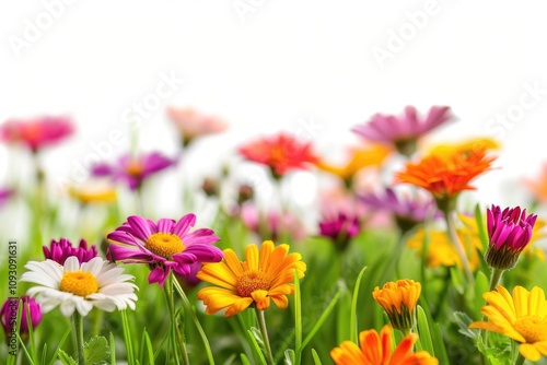 Vibrant colorful flowers blooming in a lush green meadow, creating a beautiful spring scene.