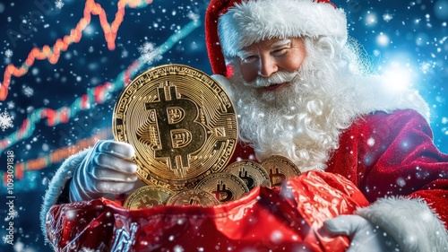 Bitcoin Festive Concept, Santa Claus holds Bitcoin coins in a festive setting, combining holiday cheer with cryptocurrency themes, surrounded by snow and financial graphs.
