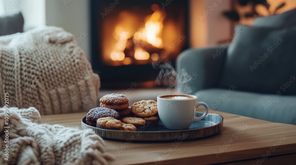A tray of cookies and a cup of coffee on a table in front of a fireplace A tray of cookies and a cup of coffee on a table in front of a fireplace