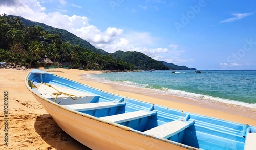 Tableau sur toile A blue panga sits parallel to the blue coastline.