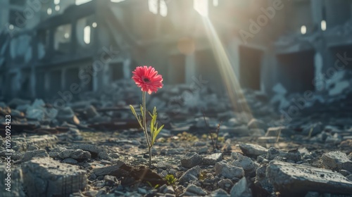 Vibrant blossom rising from the ashes of a destroyed urban landscape