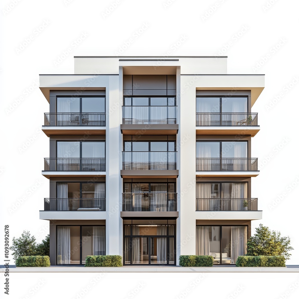 Fototapeta premium Modern Residential Building Surrounded by Greenery, Showcasing Sleek Design and Inviting Balconies in a Sunny Urban Setting