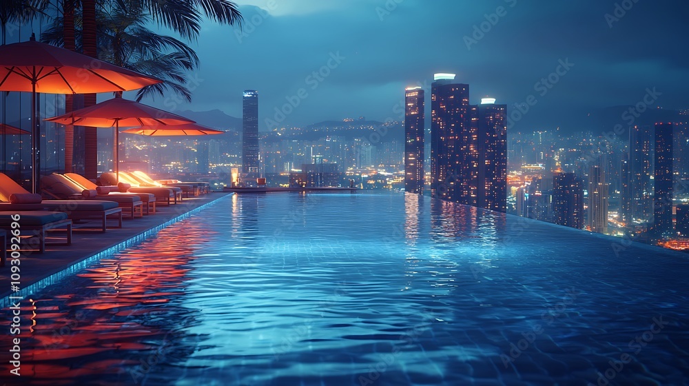Obraz premium A peaceful night at a luxury infinity pool, edge blending seamlessly into the cityscape, gentle ripples in the water reflecting colorful city lights, stylish lounge chairs and umbrellas by the pool,