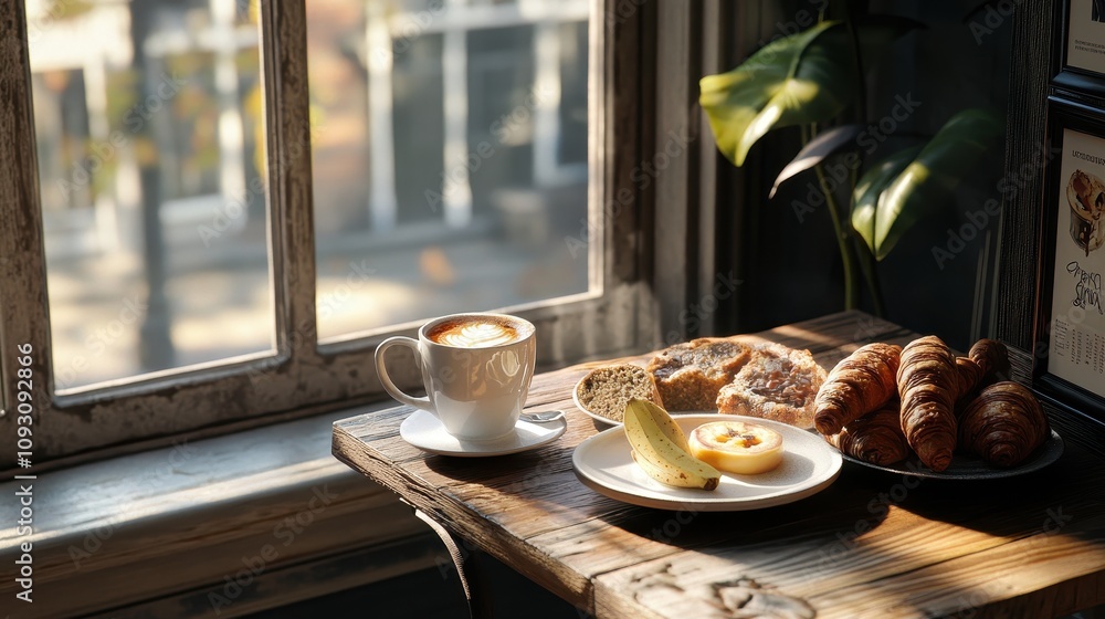 A plate of food and a cup of coffee sit on a wooden table by a window A plate of food and a cup of coffee sit on a wooden table by a window
