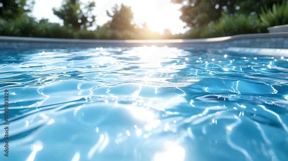 A quiet pool with calm, undisturbed water, clear reflections of the sun and sky, bright and warm light casting gentle highlights, serene and empty poolside, sharp focus, photorealistic texture, A quiet pool with calm, undisturbed water, clear reflections of the sun and sky, bright and warm light casting gentle highlights, serene and empty poolside, sharp focus, photorealistic texture,