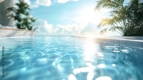 A quiet pool with calm, undisturbed water, clear reflections of the sun and sky, bright and warm light casting gentle highlights, serene and empty poolside, sharp focus, photorealistic texture,