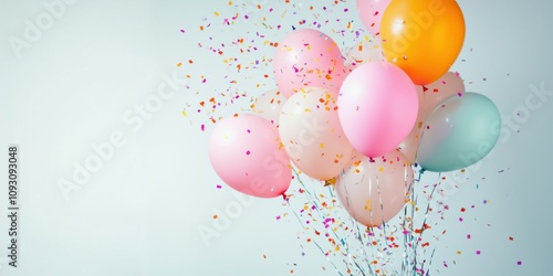 Multicolored helium balloons on senery ribbons on the background of beautiful confetti bursts.  Banner background with festive decor and space for text photo