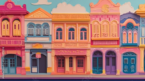 Vibrant Paper Cut Showcasing the Detailed Architectural Wonders of Phuket Old Town s Sino Portuguese Buildings Featuring Intricate Windows photo