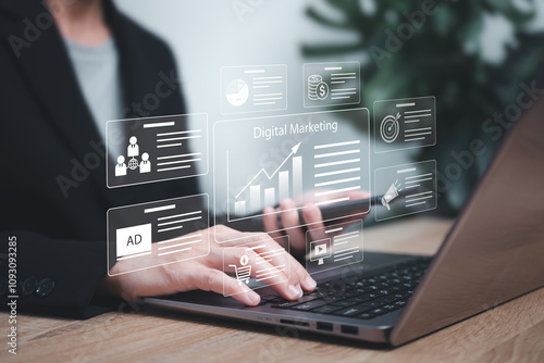 Modern Marketing Strategy, Digital marketing targets concept, Businesswomen use technology for marketing management, Social media, Advertising, Customer engagement, Earning Money Online Marketing