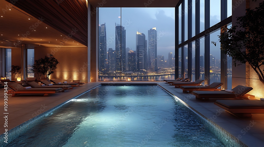 A serene evening at a luxury hotel pool, calm water reflecting the sparkling city lights, elegant lounge chairs lined up by the poolside, soft ambient lighting casting gentle shadows, A serene evening at a luxury hotel pool, calm water reflecting the sparkling city lights, elegant lounge chairs lined up by the poolside, soft ambient lighting casting gentle shadows,