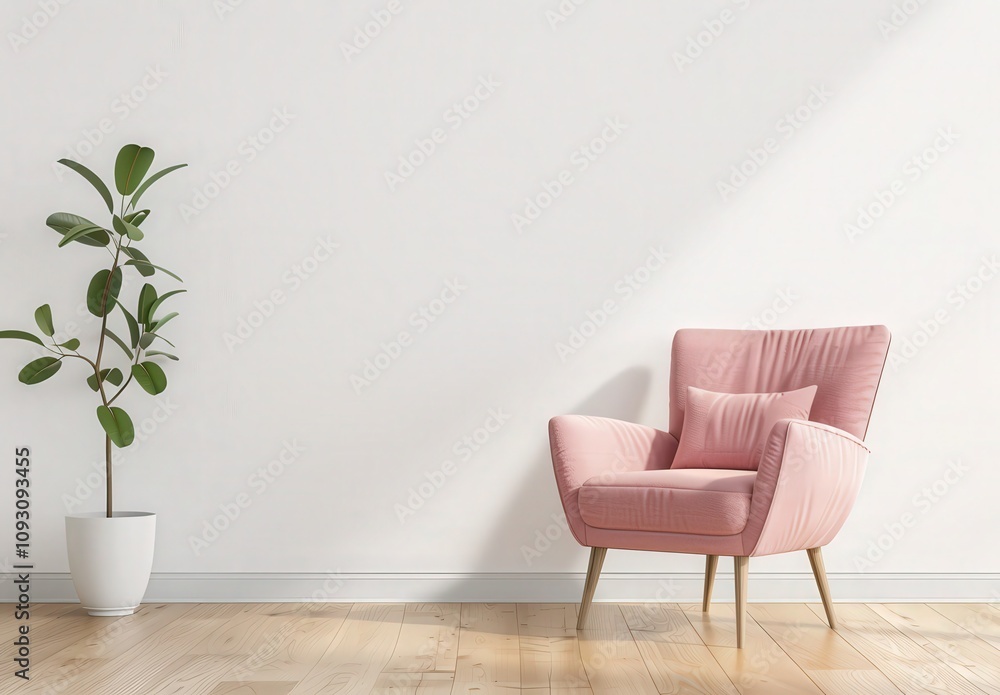 A pink armchair sits in a sunlit living room with a potted plant and hardwood floors A pink armchair sits in a sunlit living room with a potted plant and hardwood floors